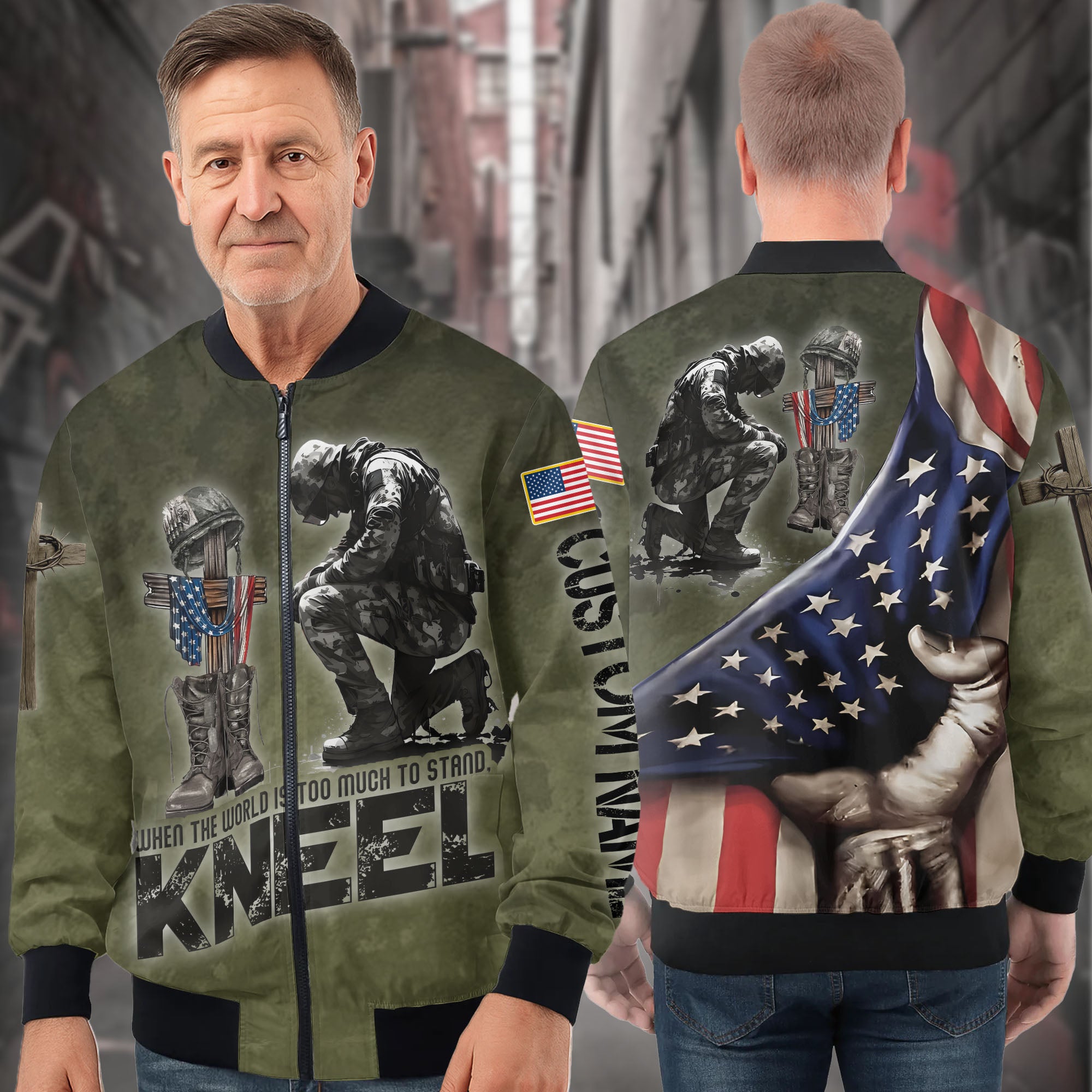 When the World Is Too Much to Stand Kneel Veteran Christian Military All-over Print Personalized Bomber Jacket