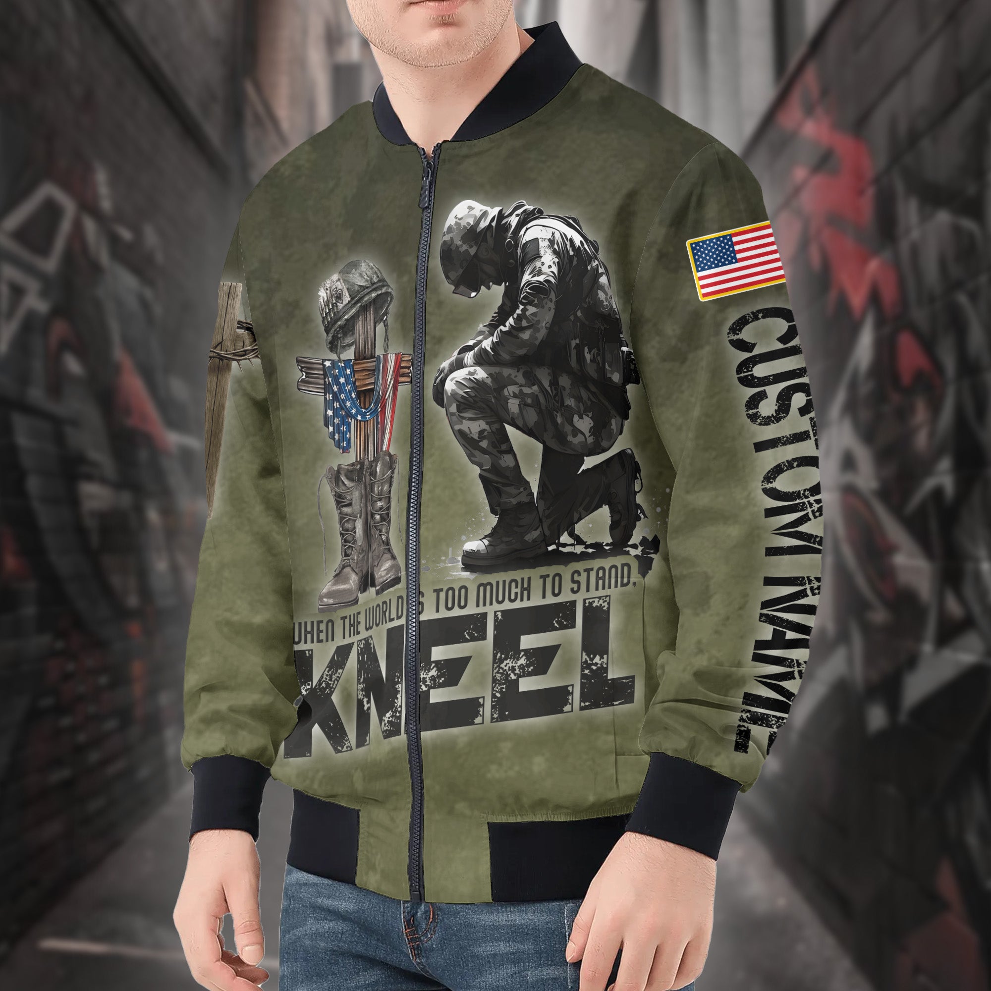 When the World Is Too Much to Stand Kneel Veteran Christian Military All-over Print Personalized Bomber Jacket