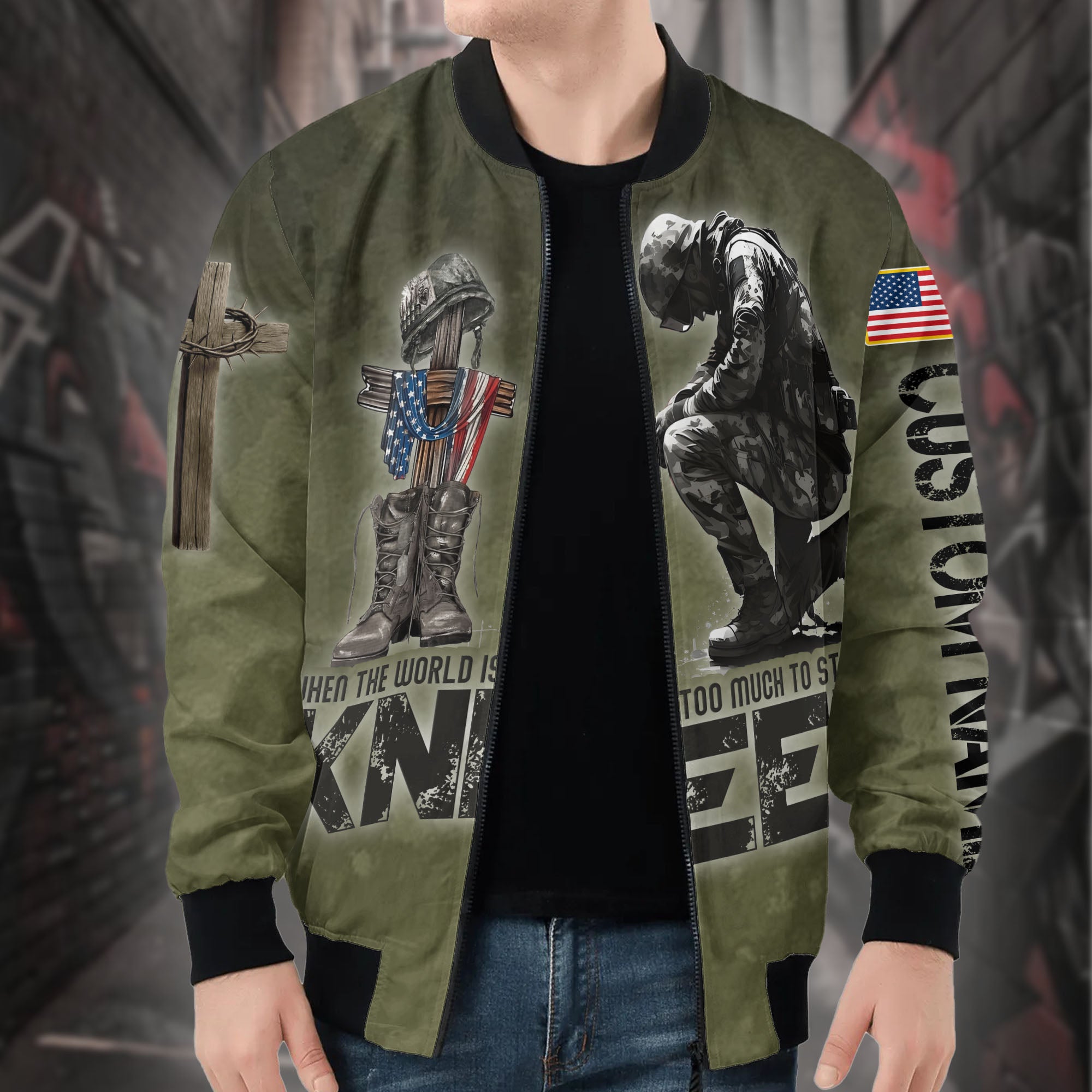 When the World Is Too Much to Stand Kneel Veteran Christian Military All-over Print Personalized Bomber Jacket