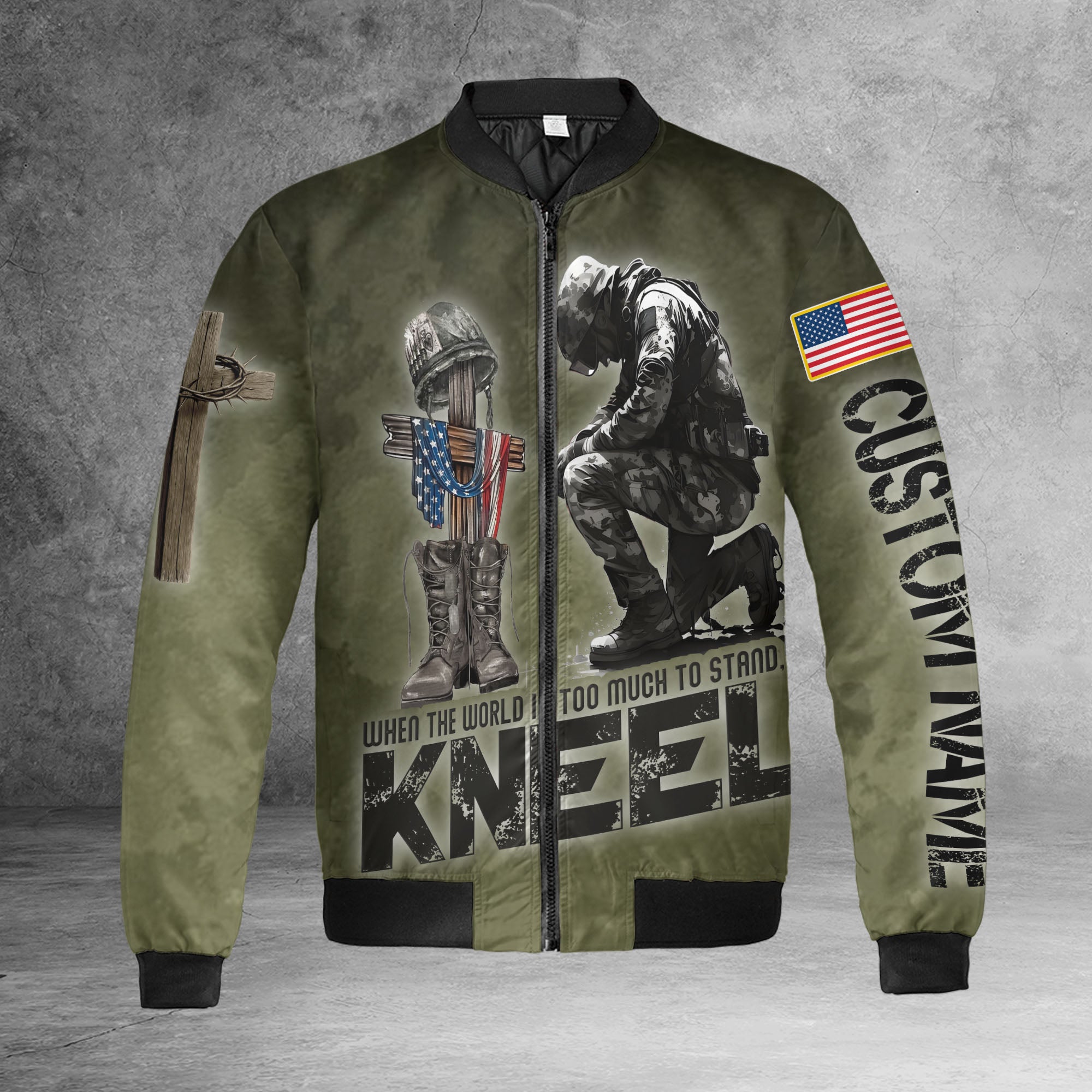 When the World Is Too Much to Stand Kneel Veteran Christian Military All-over Print Personalized Bomber Jacket