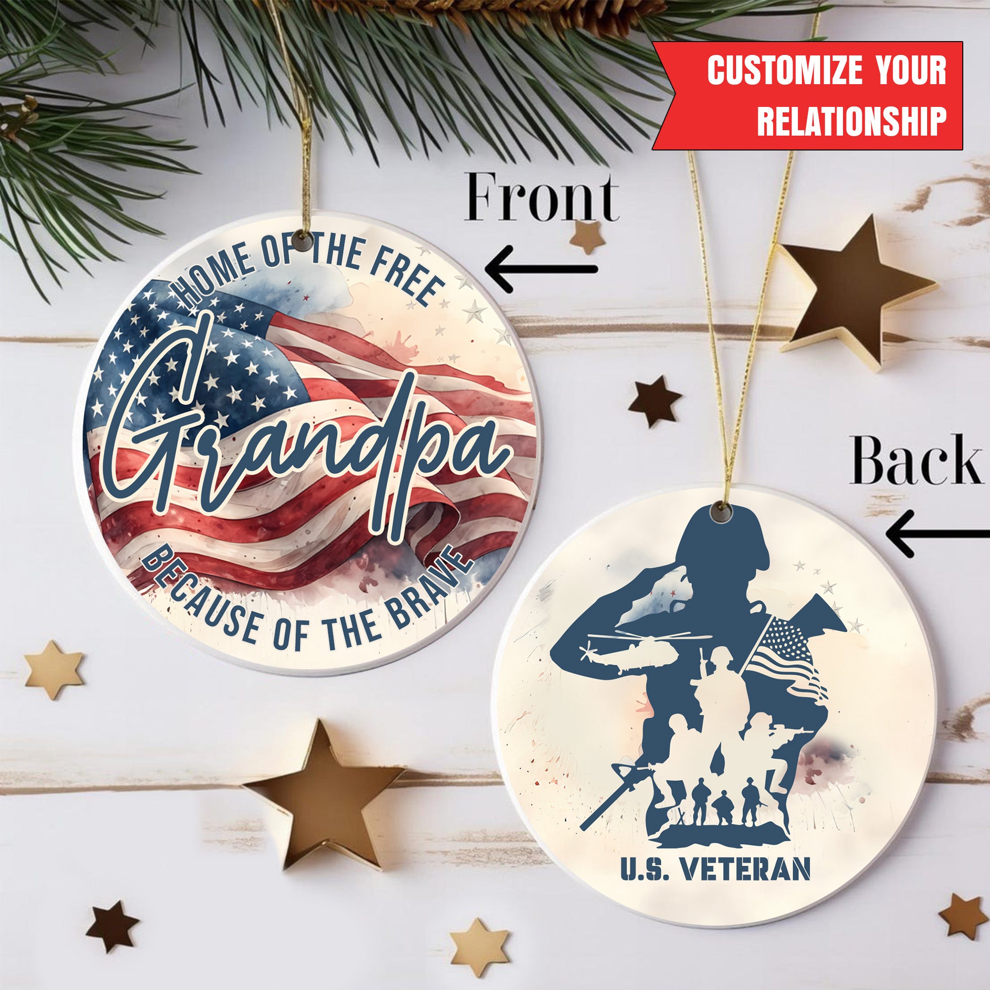 Brave Veterans American Flag Personalized Ornament