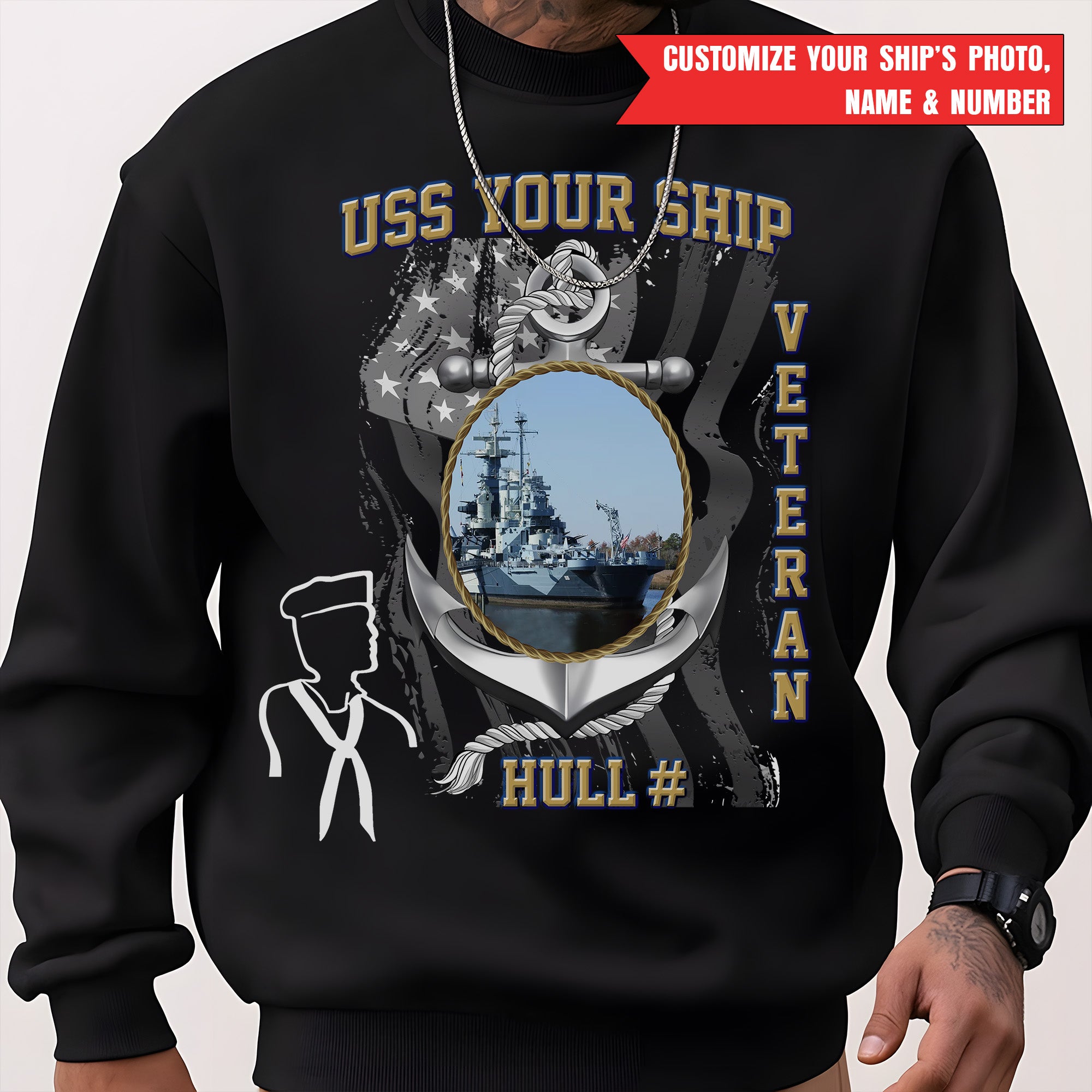 US Navy USS Your Ship Custom Ship's Photo Hull Number Veteran Patriotic Navy Gift  Personalized Sweatshirt