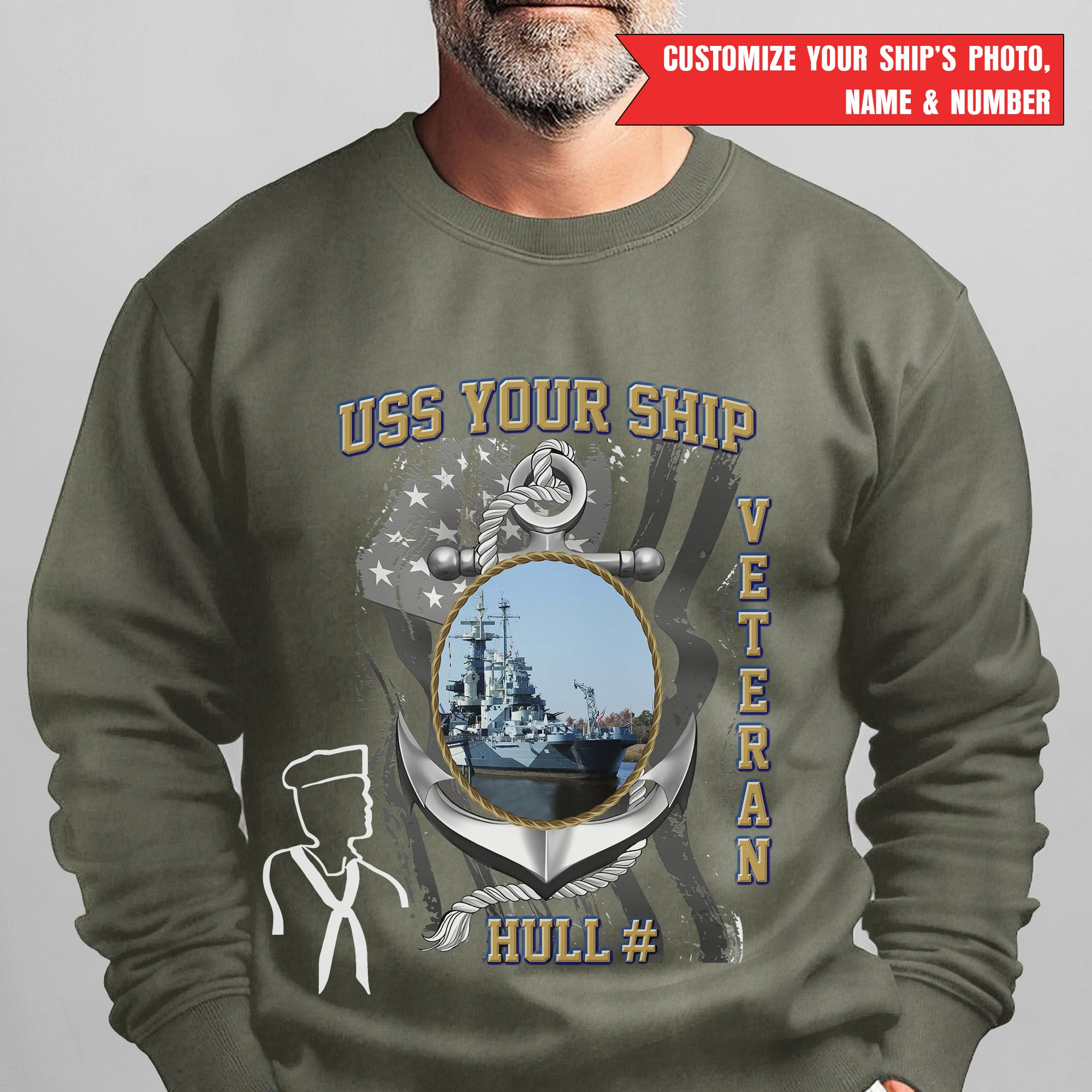 US Navy USS Your Ship Custom Ship's Photo Hull Number Veteran Patriotic Navy Gift  Personalized Sweatshirt