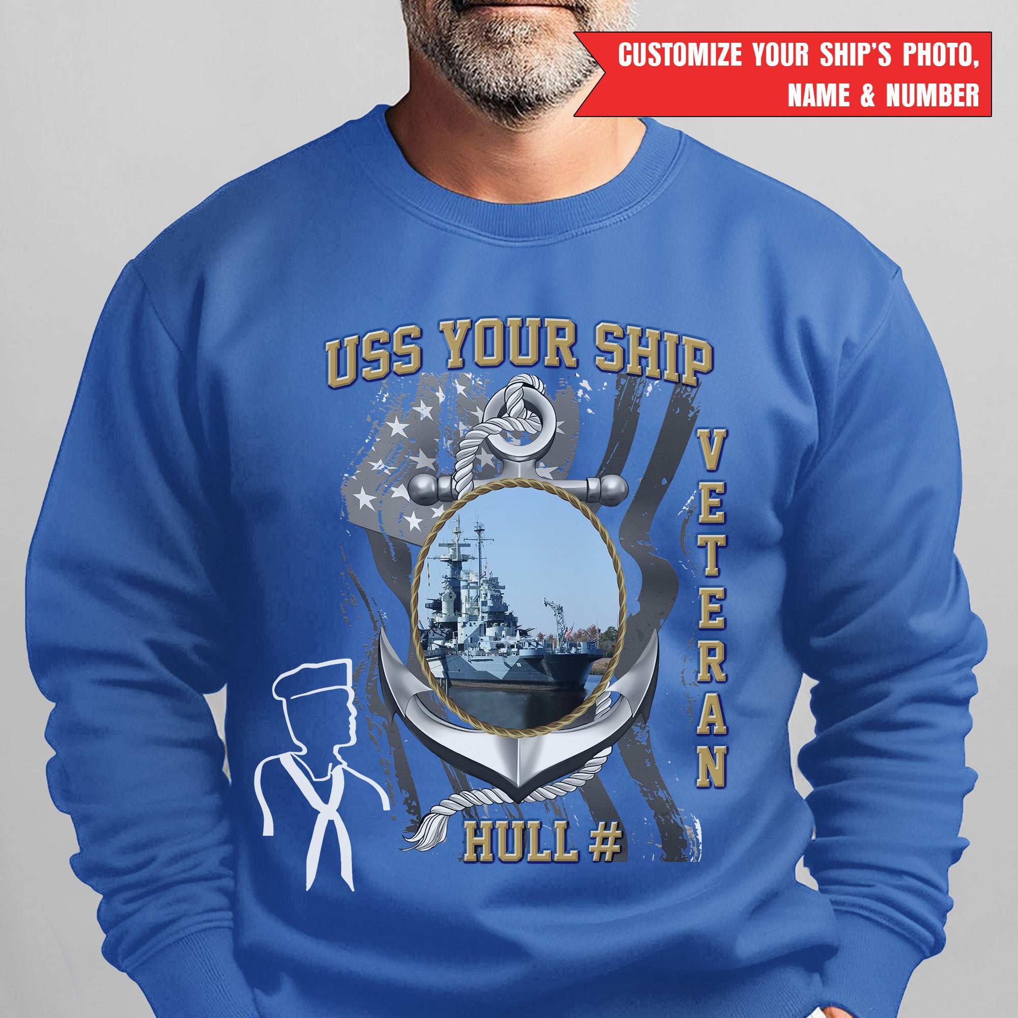 US Navy USS Your Ship Custom Ship's Photo Hull Number Veteran Patriotic Navy Gift  Personalized Sweatshirt