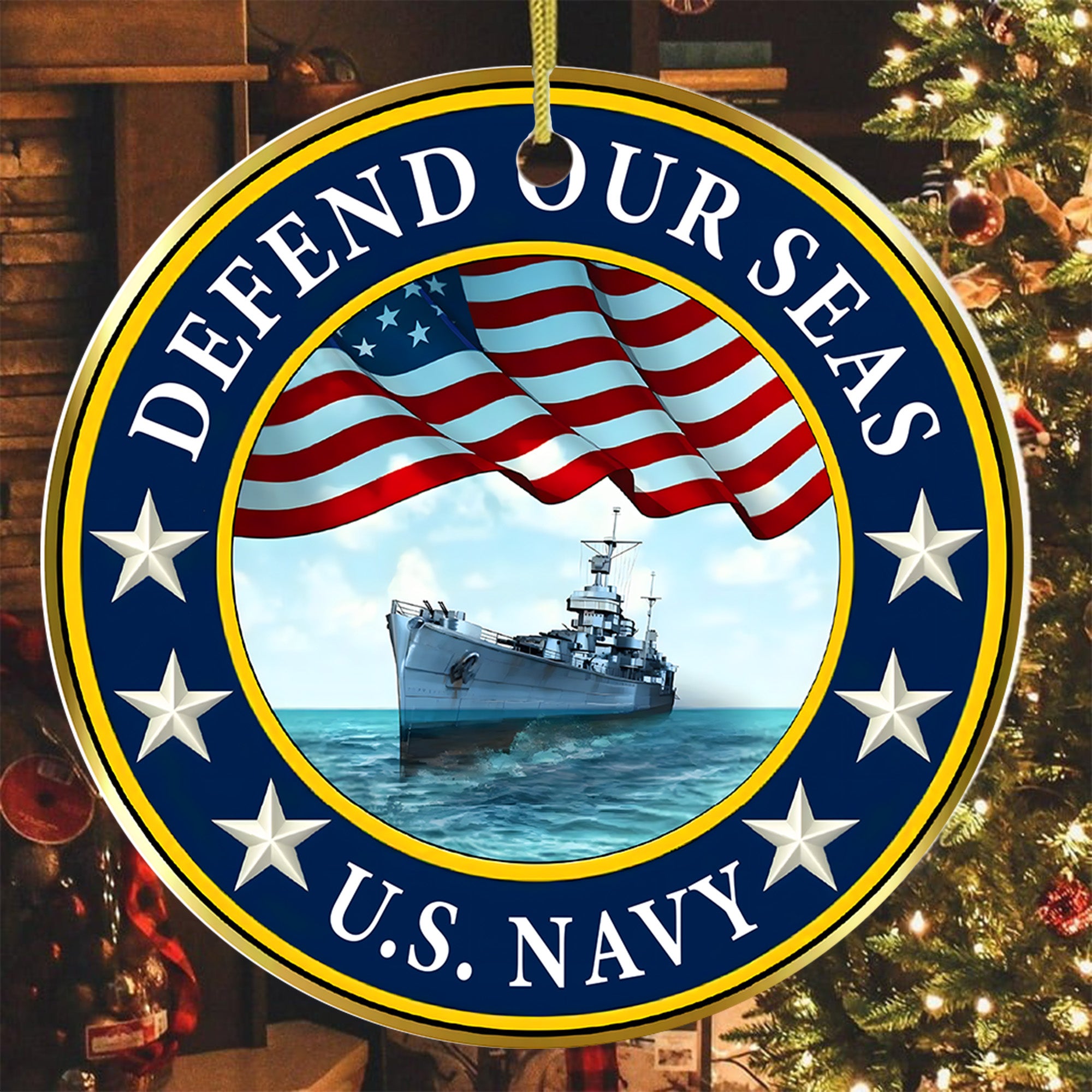 Defend Our Seas US Navy 250th Anniversary Military Patriotic Veteran American Flag Ornament
