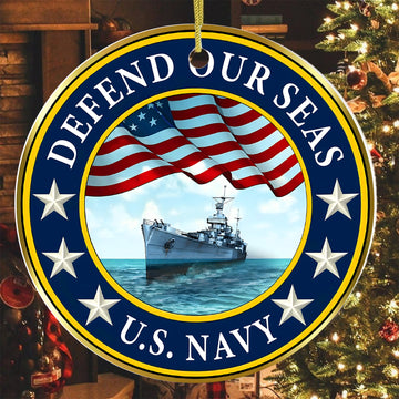 Defend Our Seas US Navy 250th Anniversary Military Patriotic Veteran American Flag Ornament