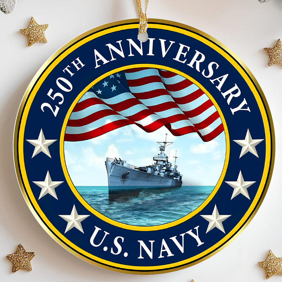 Defend Our Seas US Navy 250th Anniversary Military Patriotic Veteran American Flag Ornament