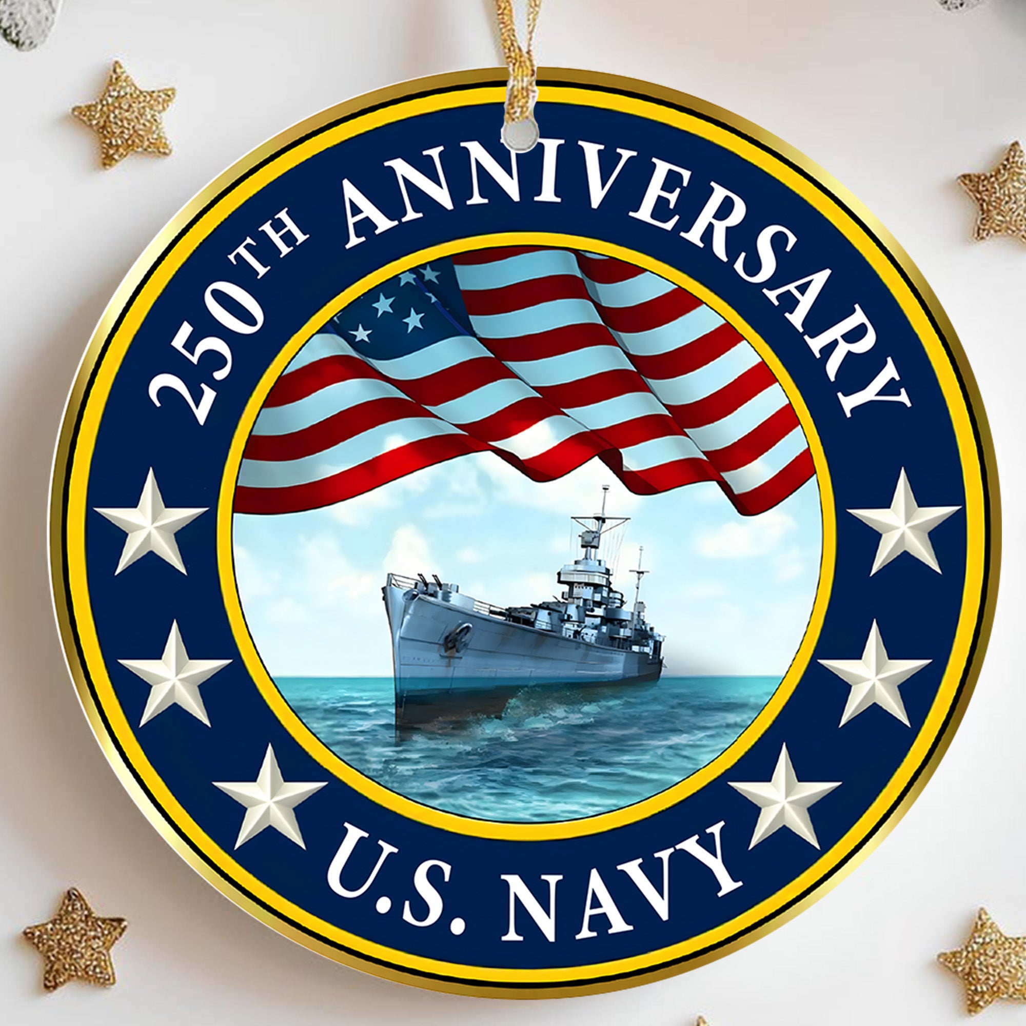 Defend Our Seas US Navy 250th Anniversary Military Patriotic Veteran American Flag Ornament