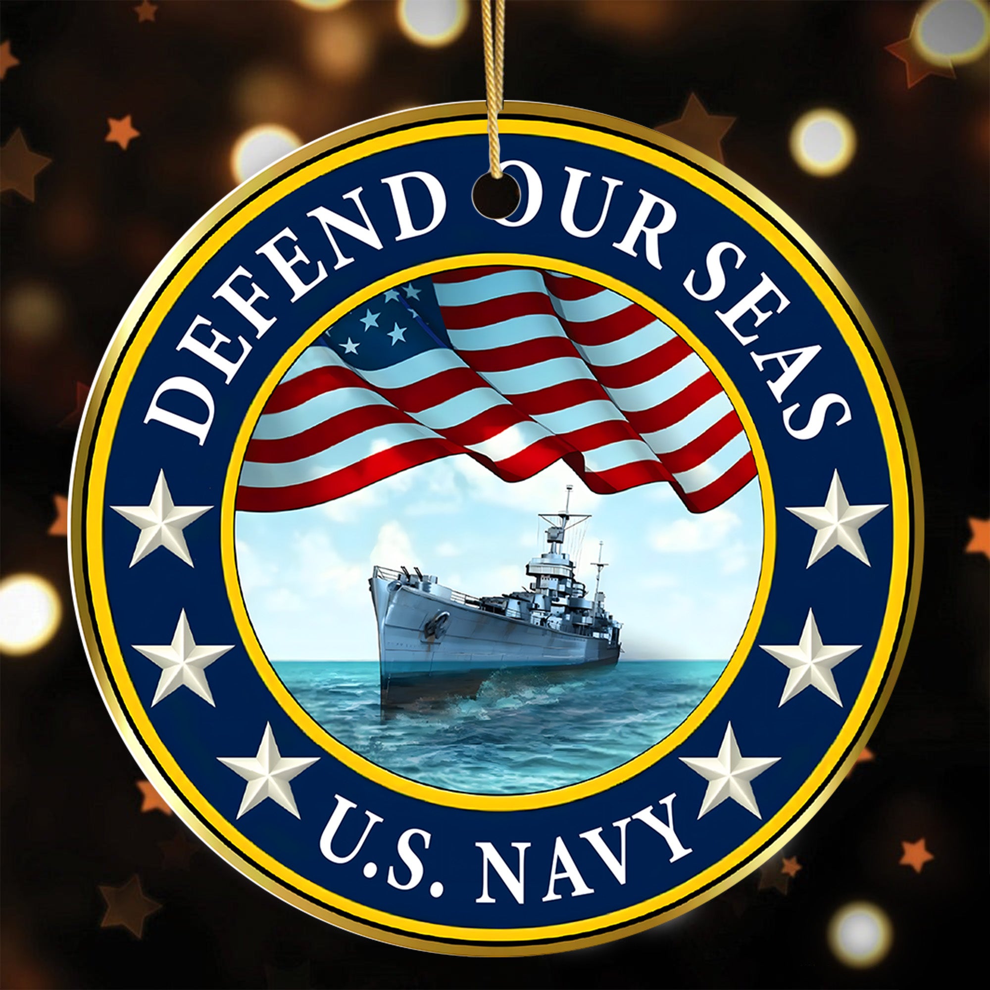Defend Our Seas US Navy 250th Anniversary Military Patriotic Veteran American Flag Ornament
