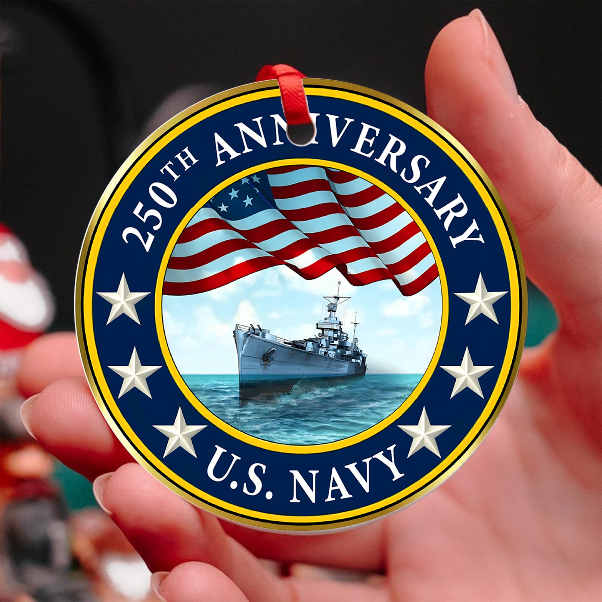 Defend Our Seas US Navy 250th Anniversary Military Patriotic Veteran American Flag Ornament