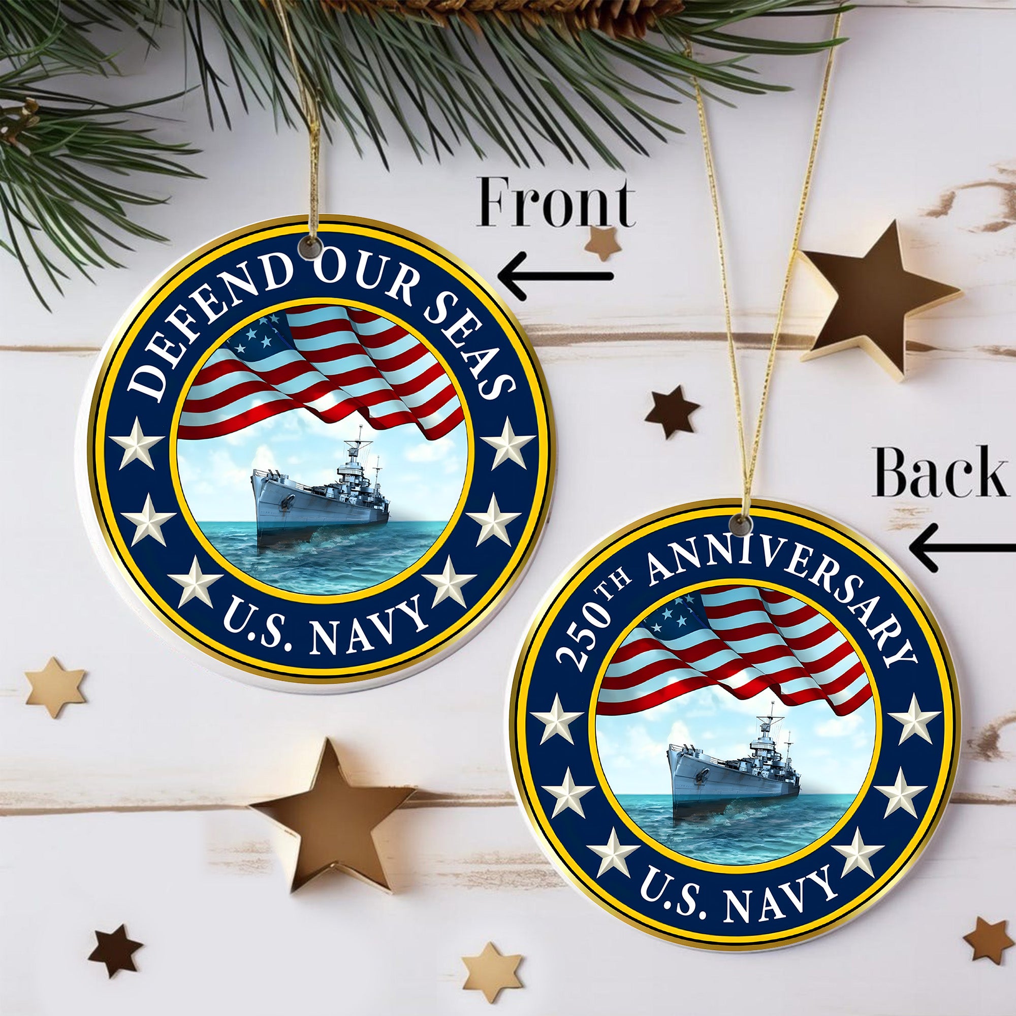 Defend Our Seas US Navy 250th Anniversary Military Patriotic Veteran American Flag Ornament