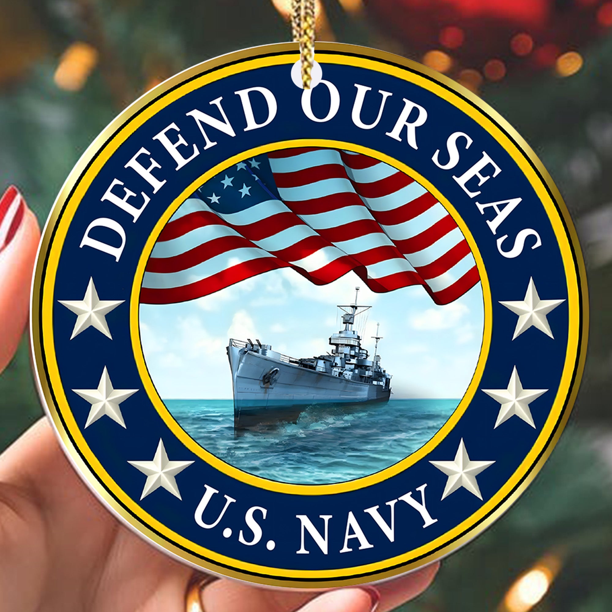 Defend Our Seas US Navy 250th Anniversary Military Patriotic Veteran American Flag Ornament