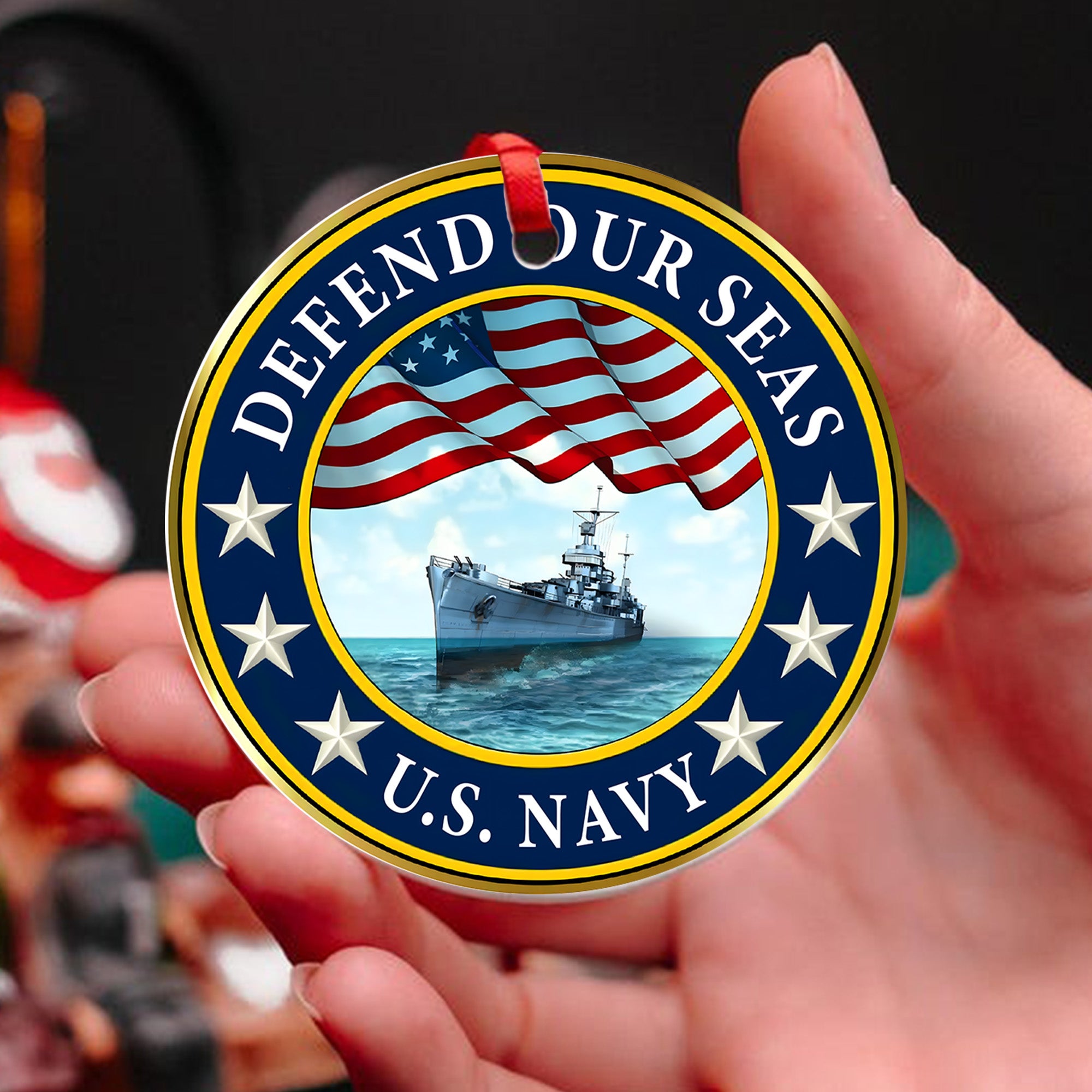 Defend Our Seas US Navy 250th Anniversary Military Patriotic Veteran American Flag Ornament