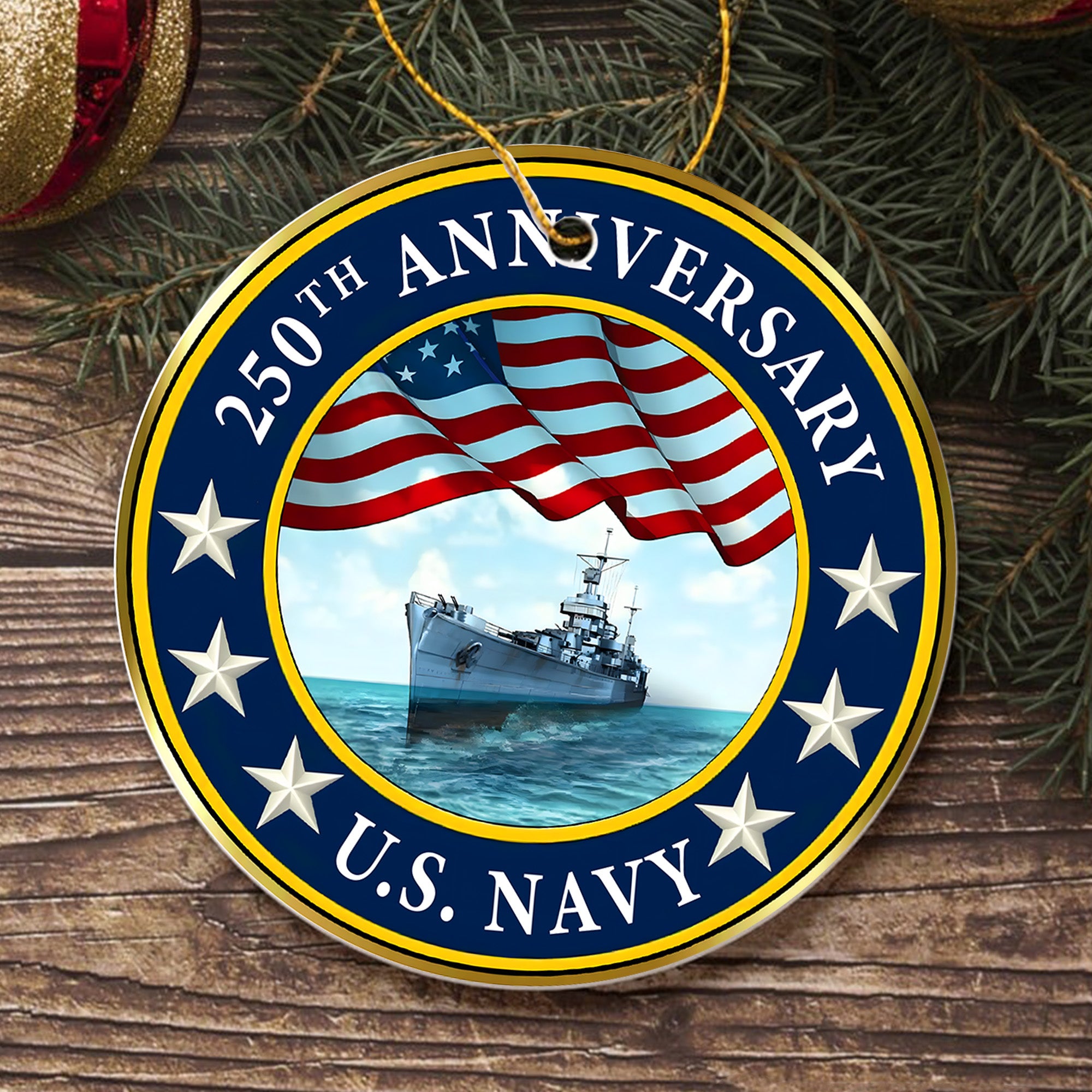 Defend Our Seas US Navy 250th Anniversary Military Patriotic Veteran American Flag Ornament