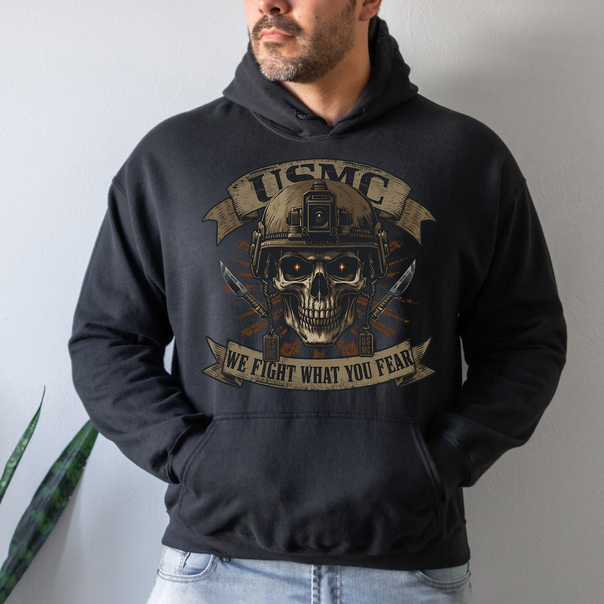 USMC We Fight What You Fear United States Marine Corps Military Veteran Patriotic Hoodie