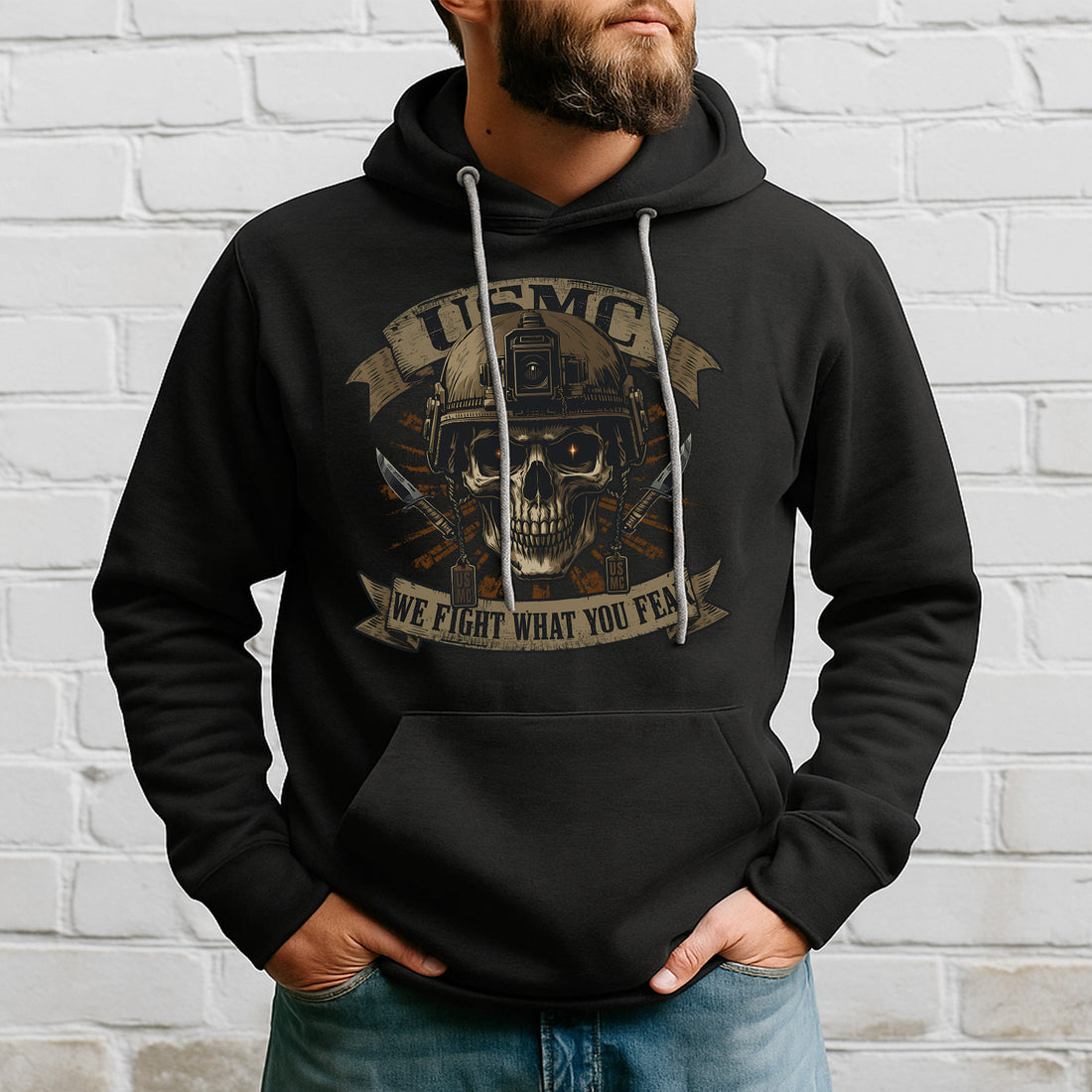 USMC We Fight What You Fear United States Marine Corps Military Veteran Patriotic Hoodie