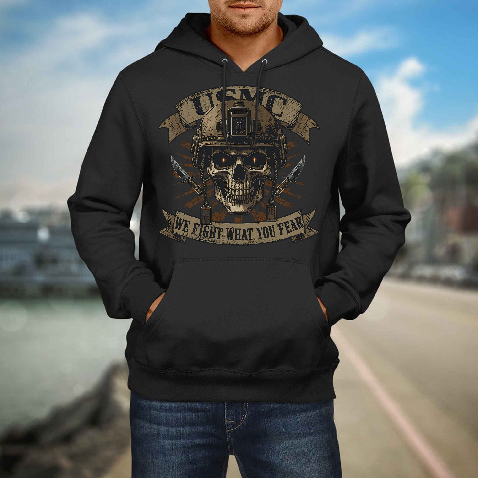 USMC We Fight What You Fear United States Marine Corps Military Veteran Patriotic Hoodie