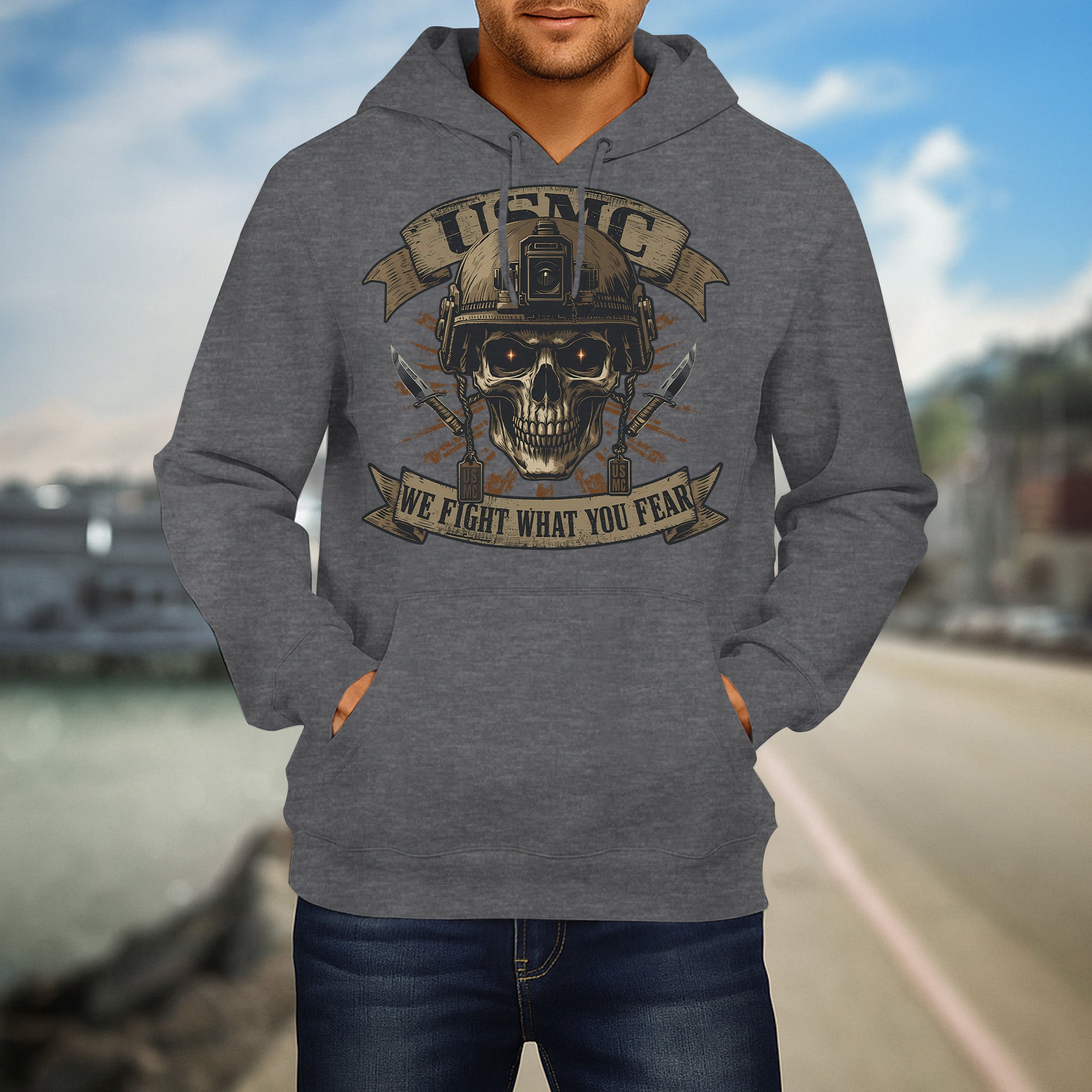 USMC We Fight What You Fear United States Marine Corps Military Veteran Patriotic Hoodie