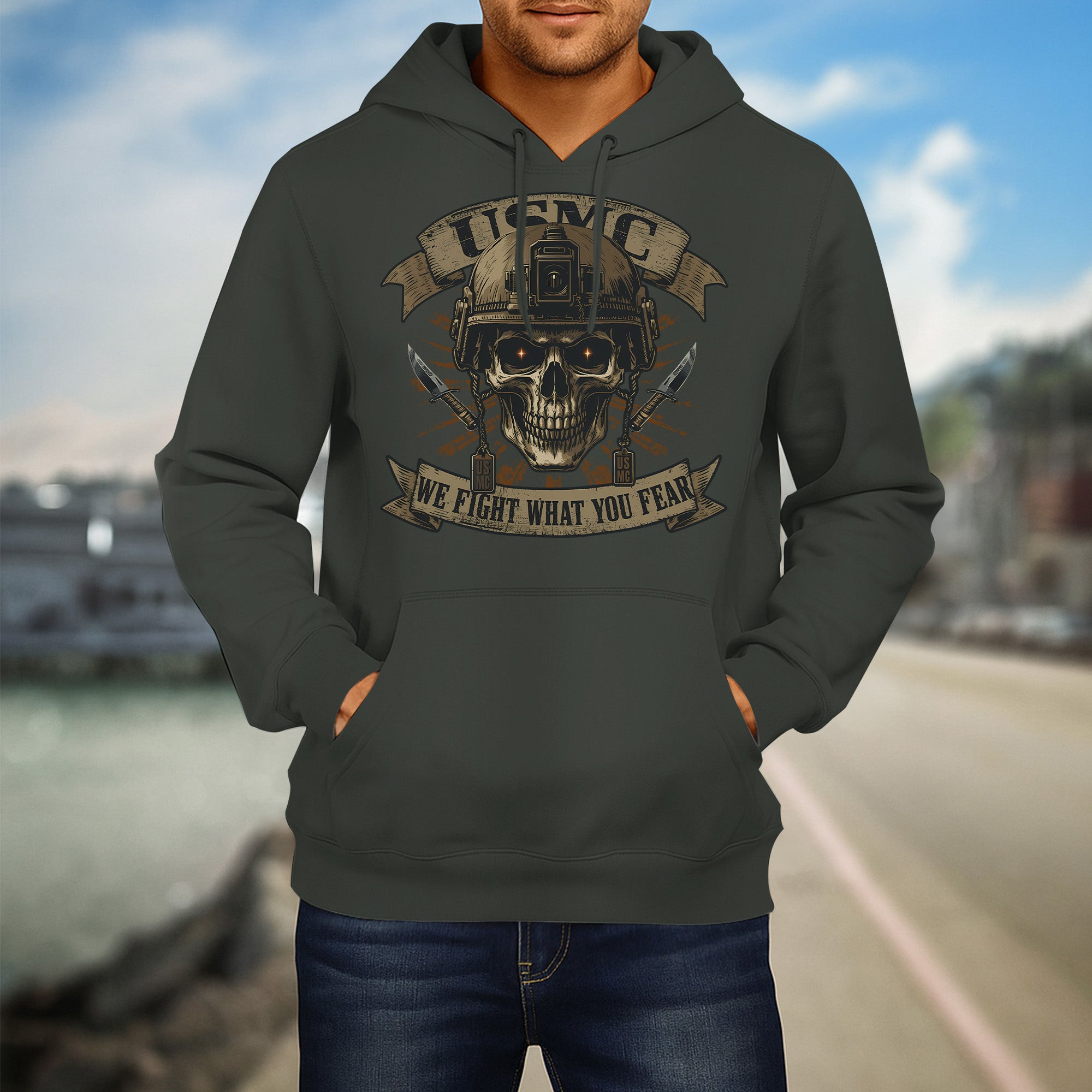 USMC We Fight What You Fear United States Marine Corps Military Veteran Patriotic Hoodie