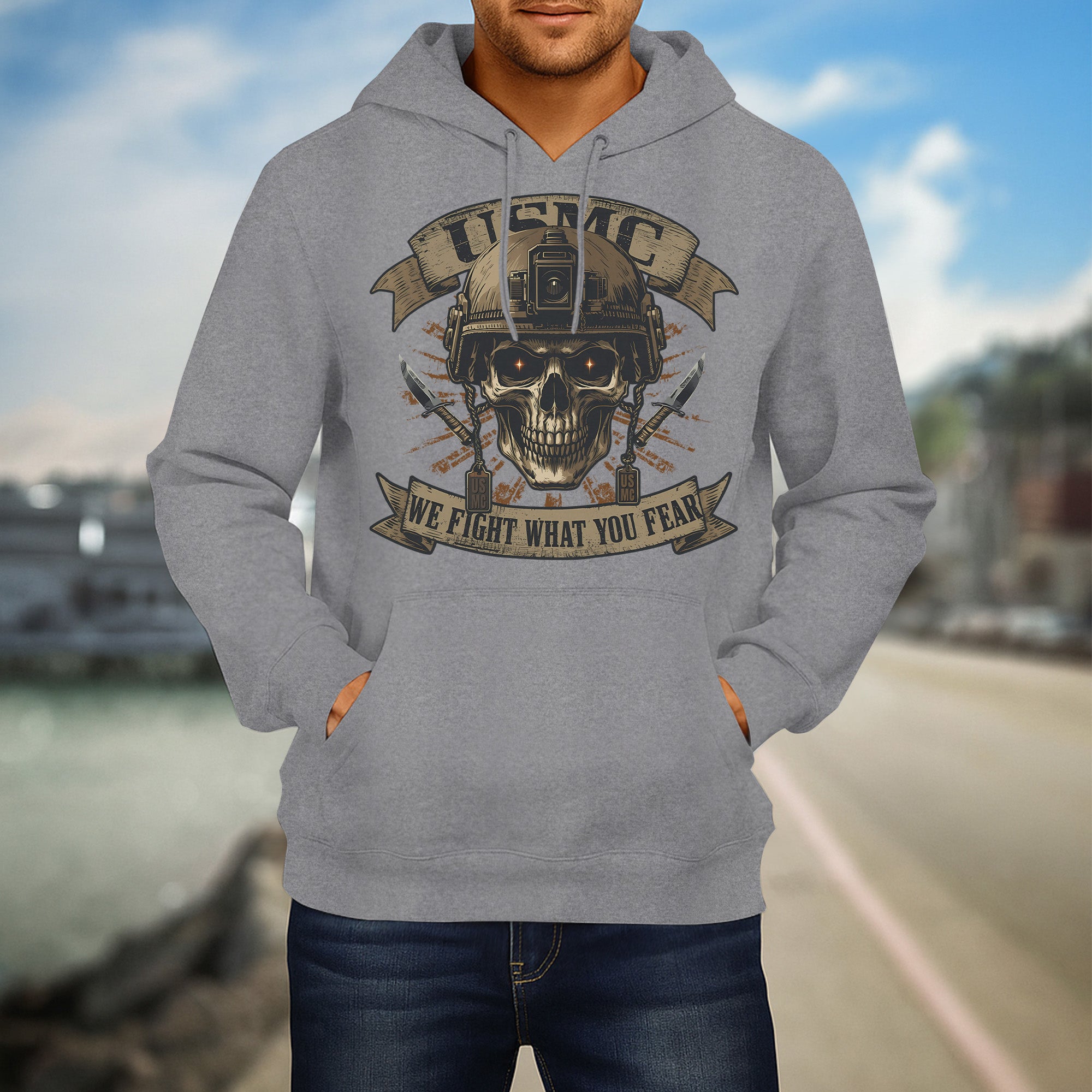 USMC We Fight What You Fear United States Marine Corps Military Veteran Patriotic Hoodie