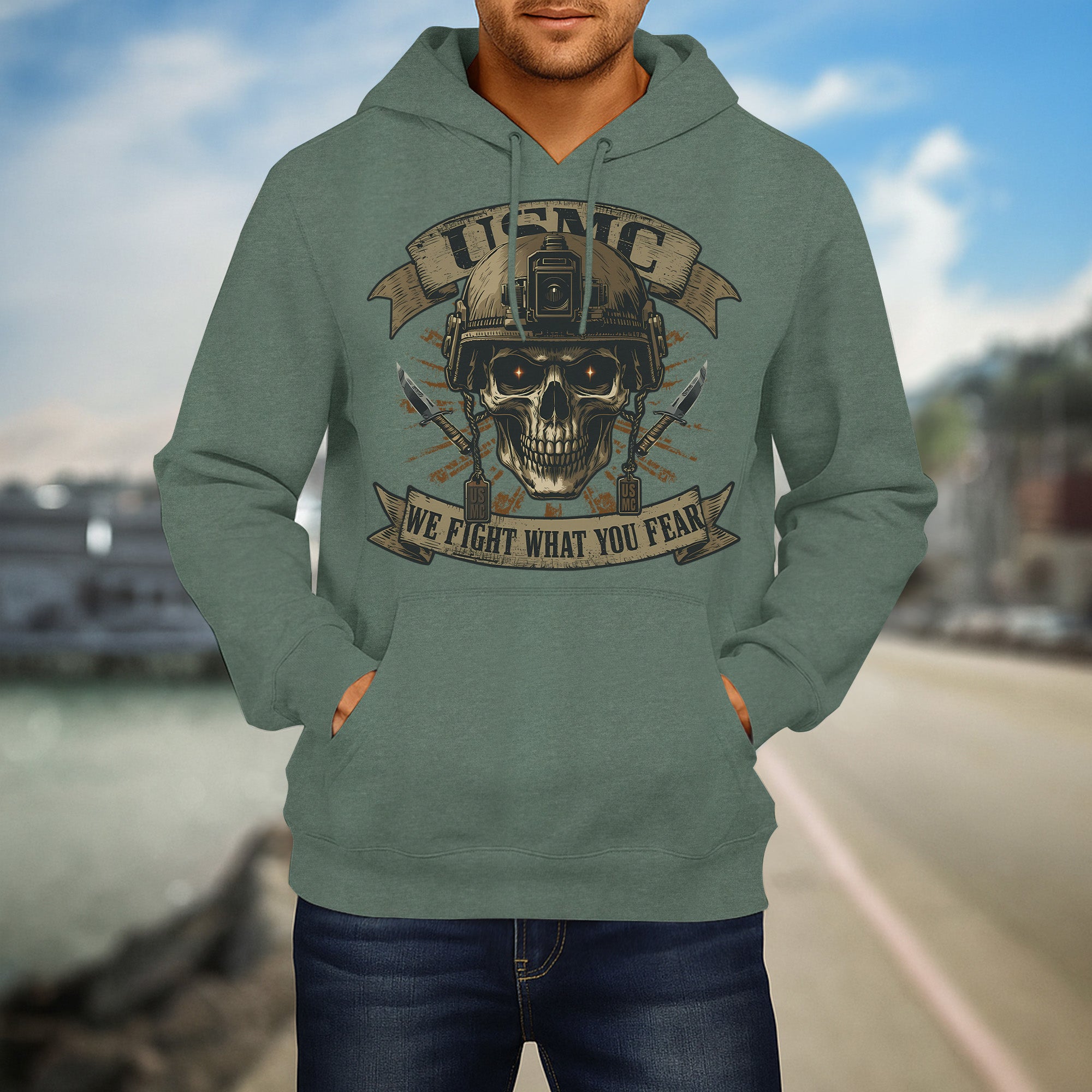USMC We Fight What You Fear United States Marine Corps Military Veteran Patriotic Hoodie