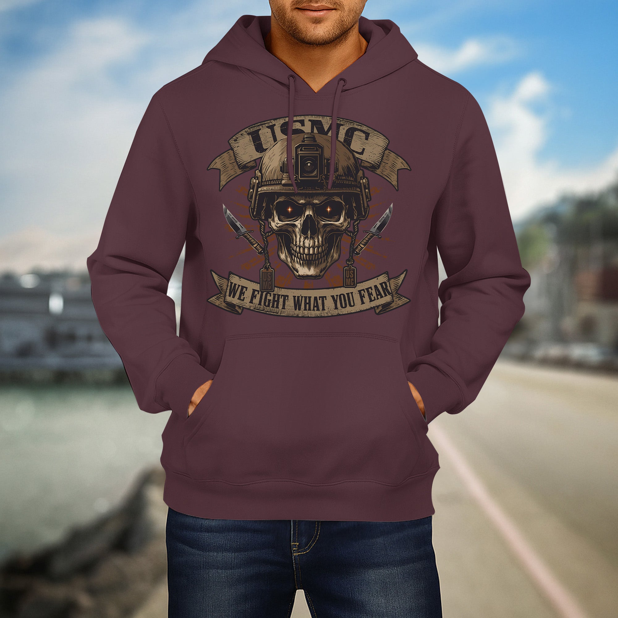 USMC We Fight What You Fear United States Marine Corps Military Veteran Patriotic Hoodie