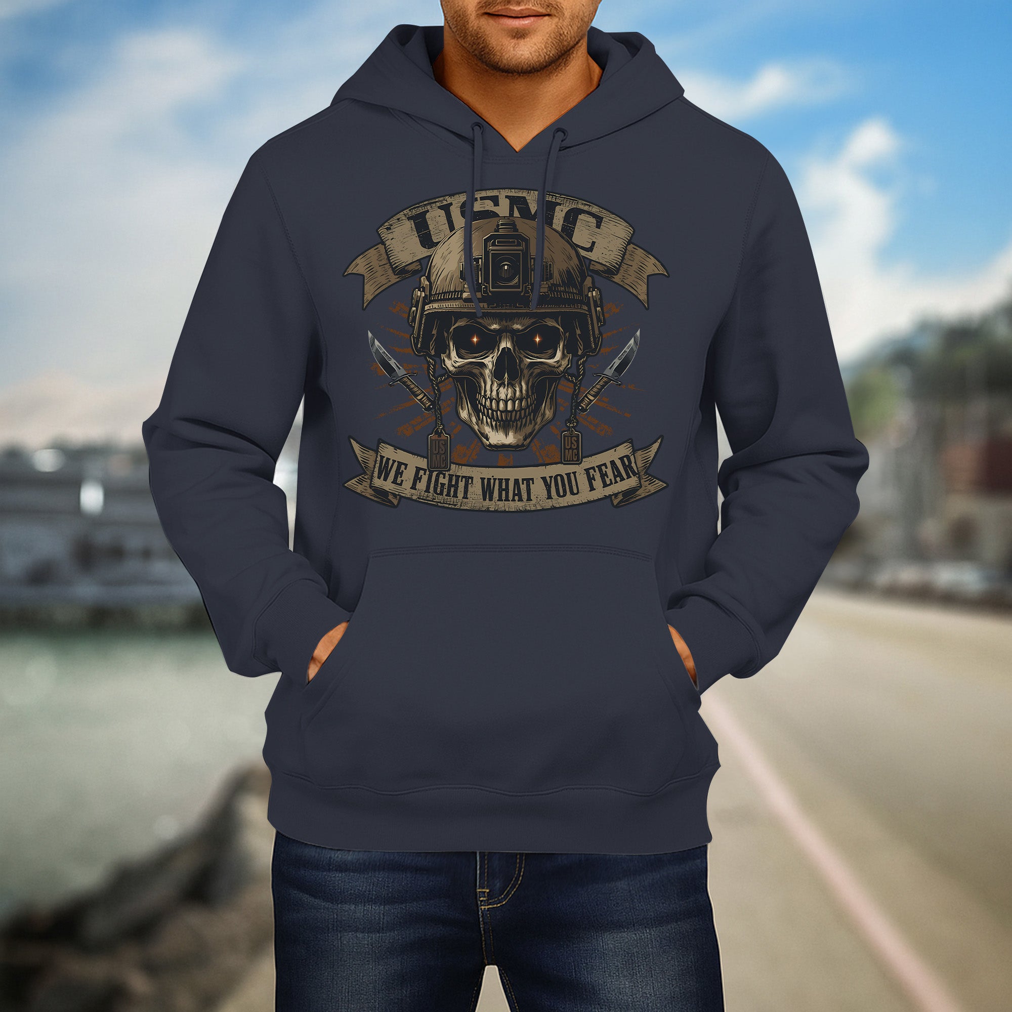 USMC We Fight What You Fear United States Marine Corps Military Veteran Patriotic Hoodie