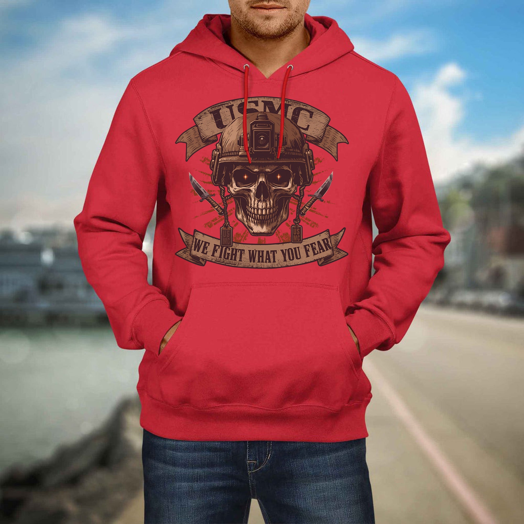 USMC We Fight What You Fear United States Marine Corps Military Veteran Patriotic Hoodie