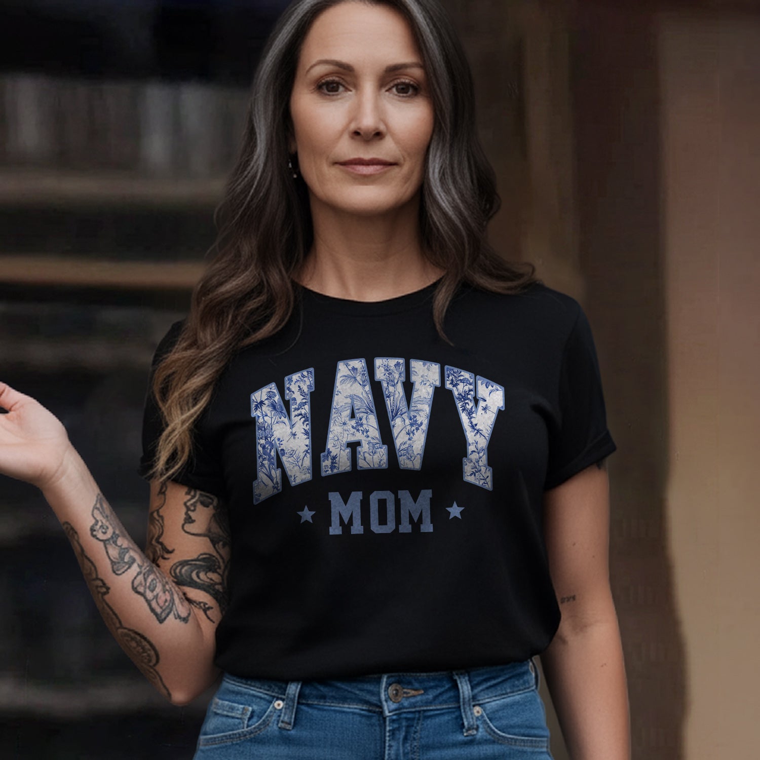 Navy Mom Blue Vintage Floral Pattern US T-Shirt