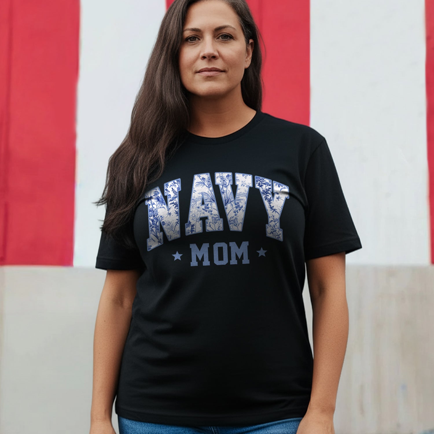 Navy Mom Blue Vintage Floral Pattern US T-Shirt