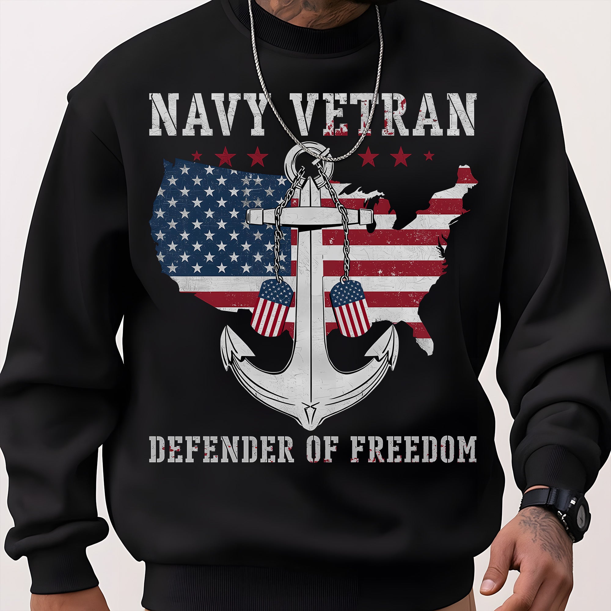 Navy Veteran Defender of Freedom US Navy American Flag Anchor Military Patriotic Sweatshirt