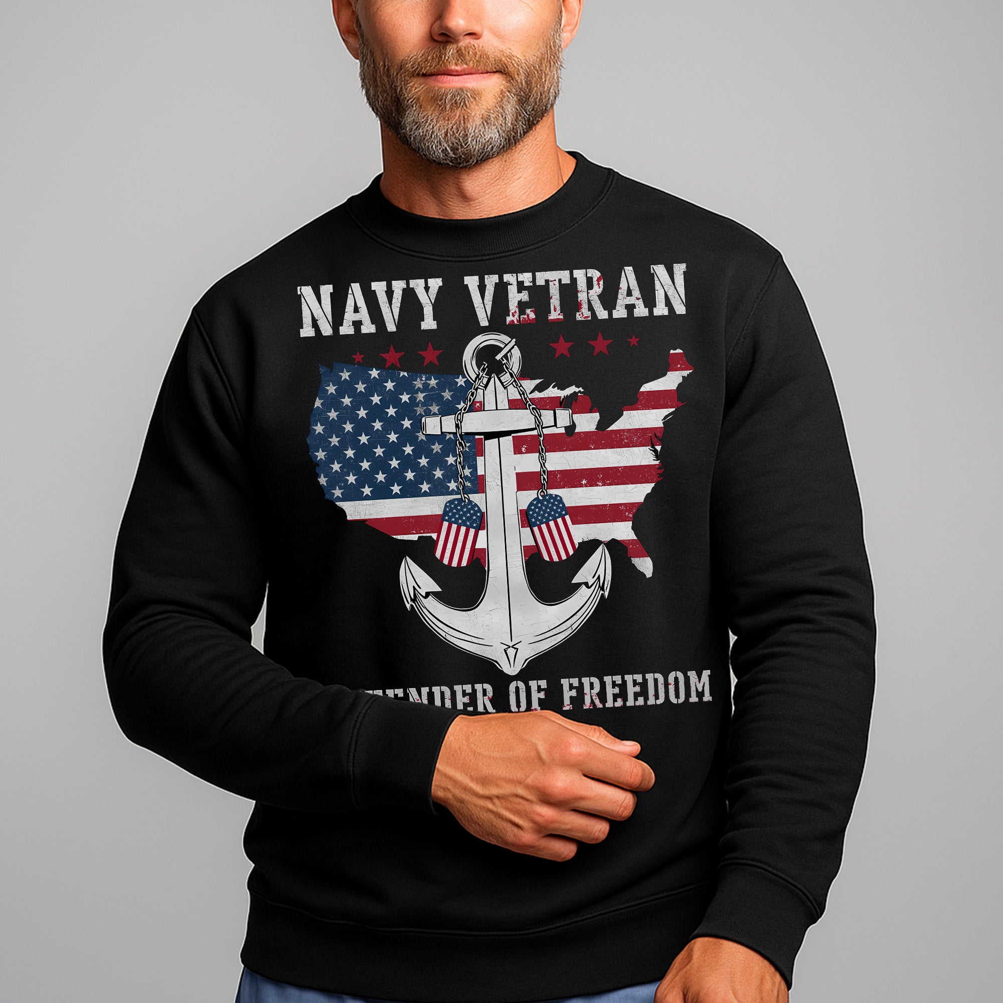 Navy Veteran Defender of Freedom US Navy American Flag Anchor Military Patriotic Sweatshirt