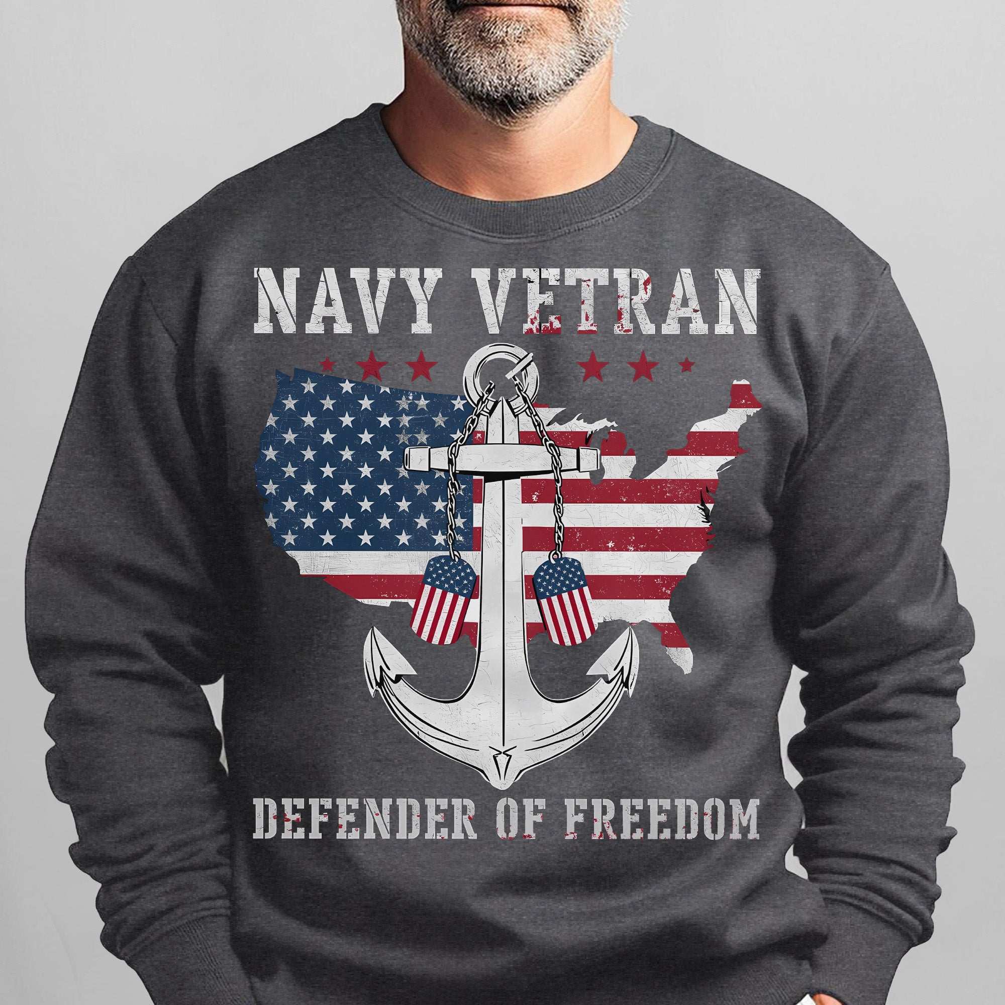 Navy Veteran Defender of Freedom US Navy American Flag Anchor Military Patriotic Sweatshirt