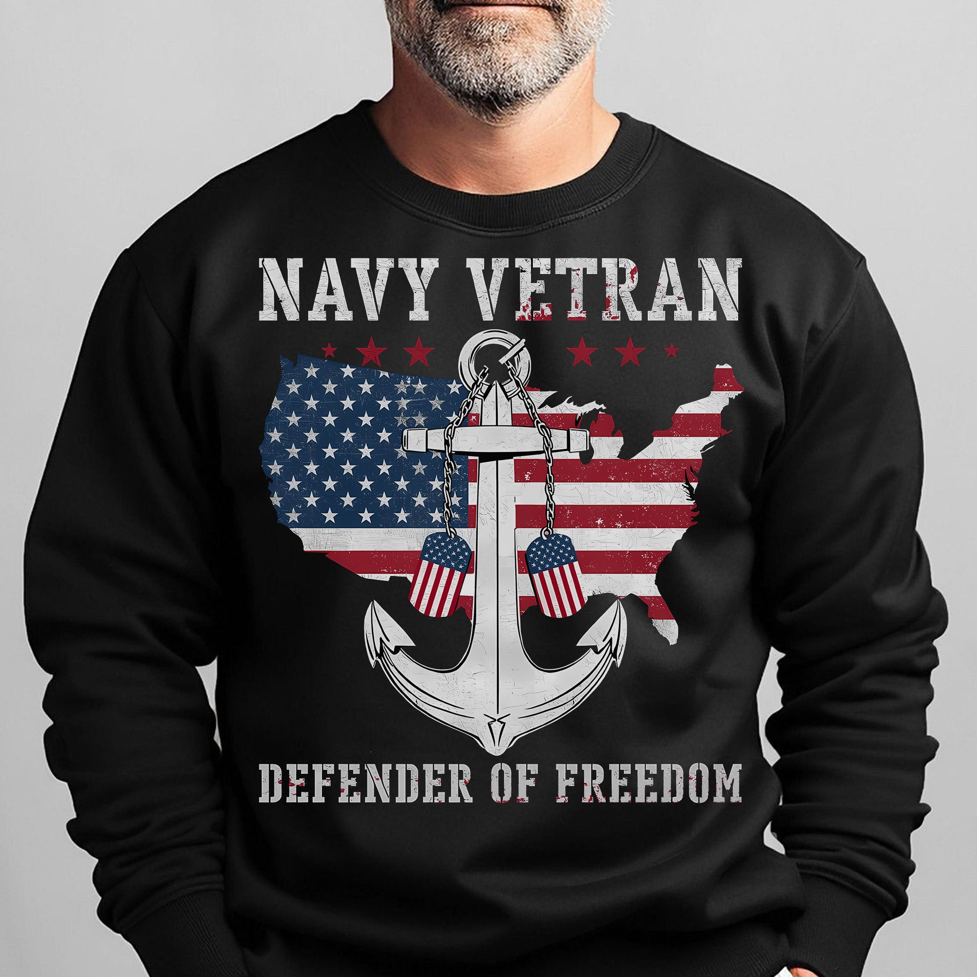 Navy Veteran Defender of Freedom US Navy American Flag Anchor Military Patriotic Sweatshirt