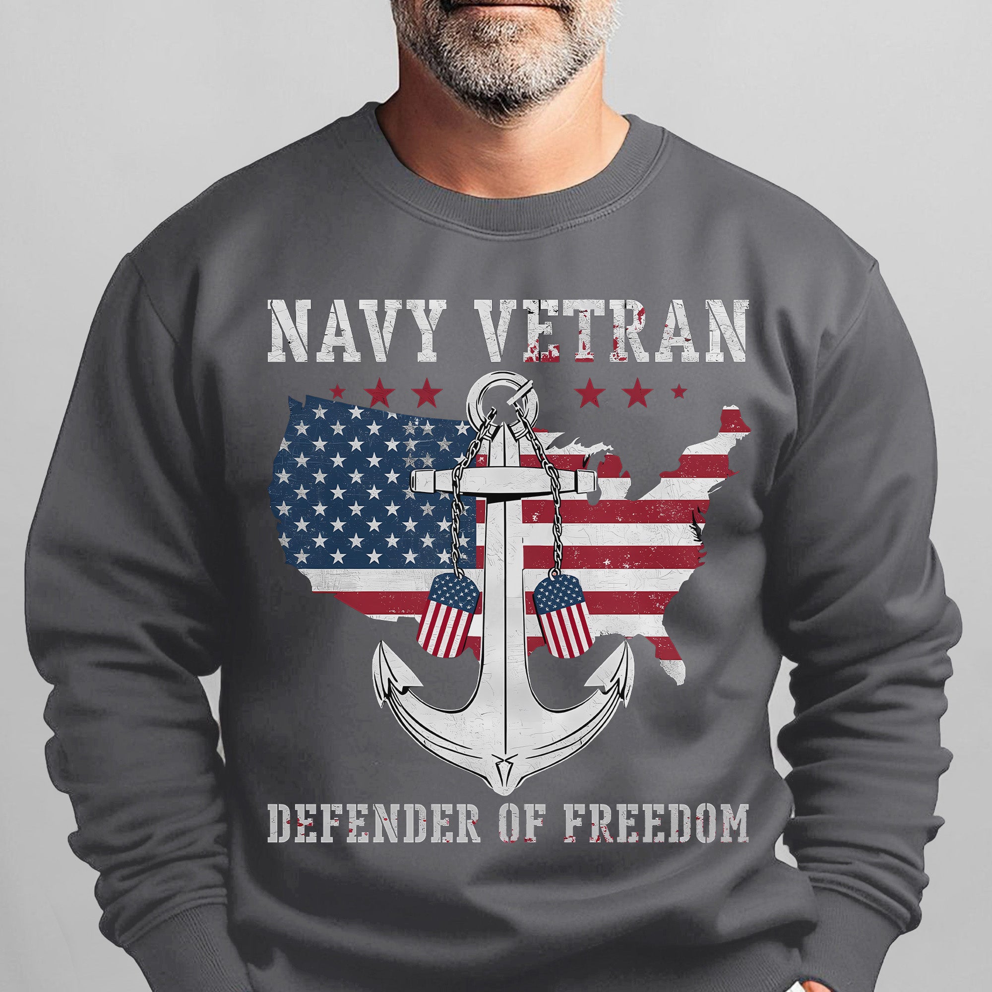 Navy Veteran Defender of Freedom US Navy American Flag Anchor Military Patriotic Sweatshirt