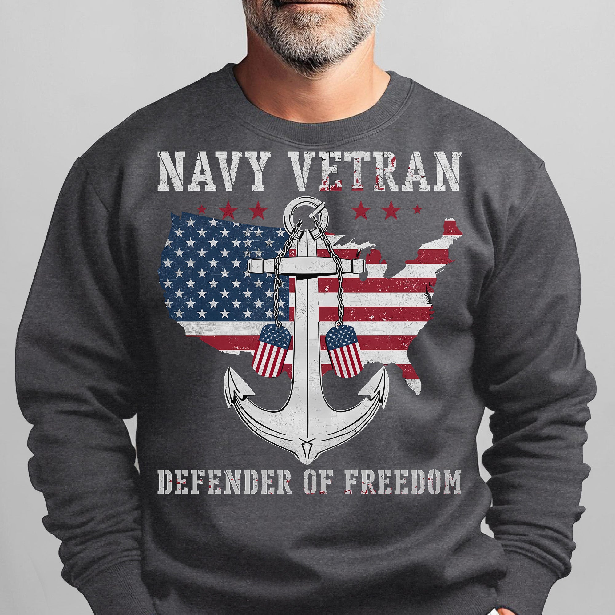 Navy Veteran Defender of Freedom US Navy American Flag Anchor Military Patriotic Sweatshirt