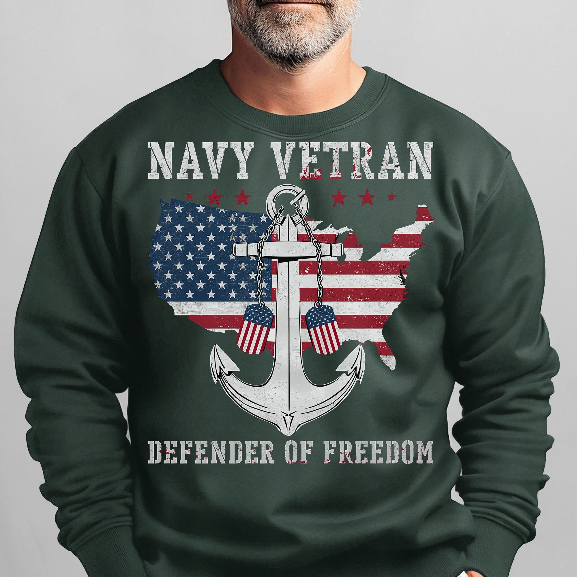 Navy Veteran Defender of Freedom US Navy American Flag Anchor Military Patriotic Sweatshirt
