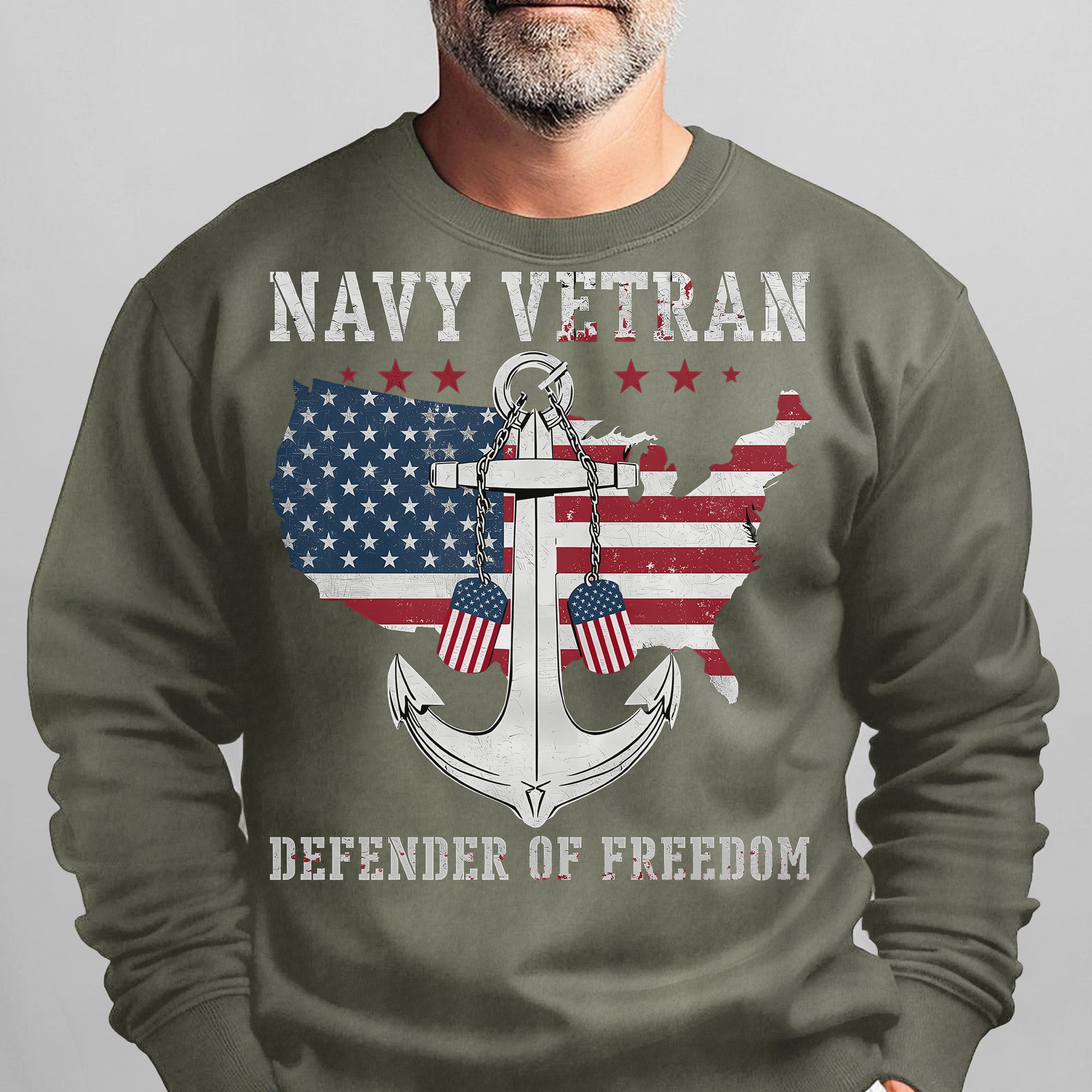 Navy Veteran Defender of Freedom US Navy American Flag Anchor Military Patriotic Sweatshirt