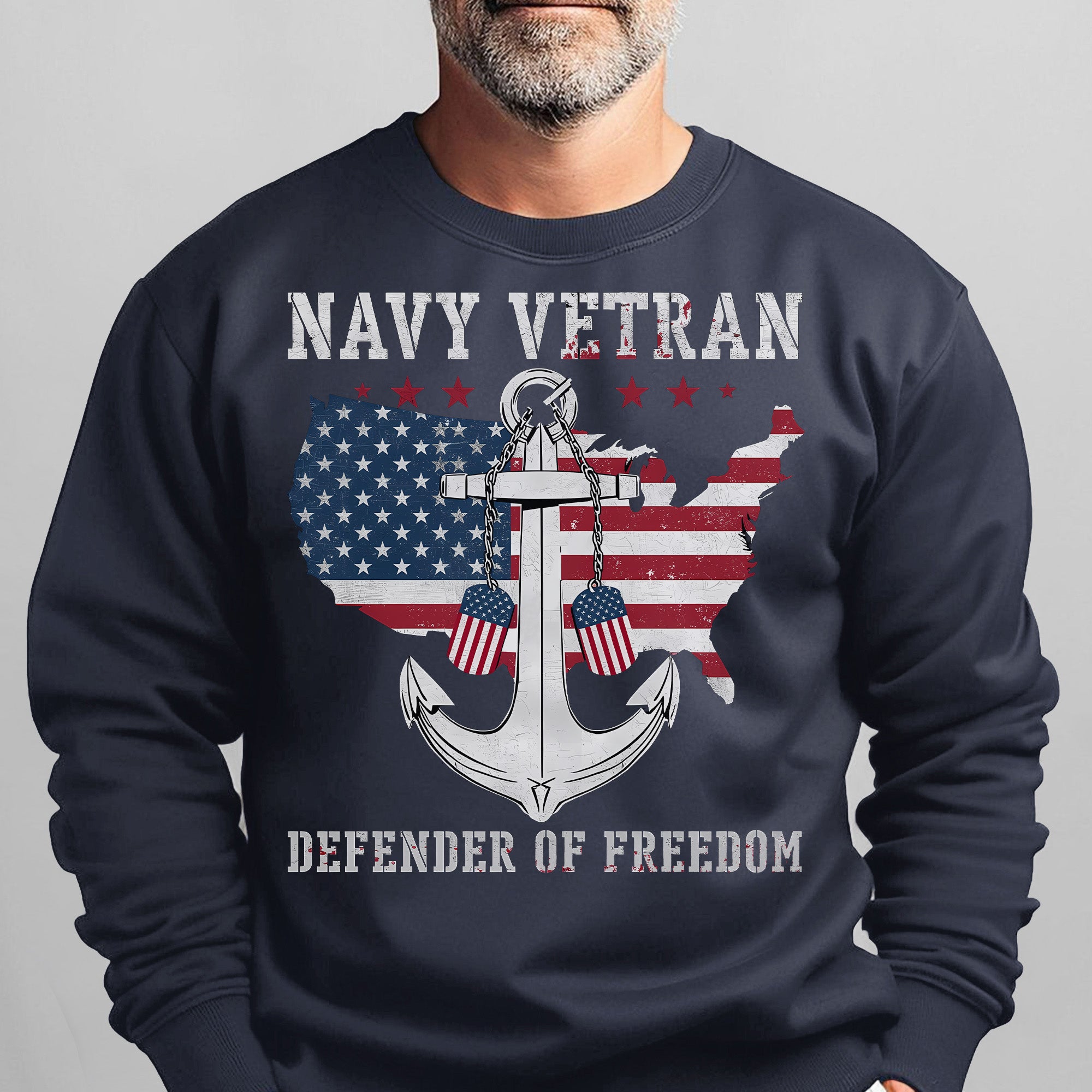 Navy Veteran Defender of Freedom US Navy American Flag Anchor Military Patriotic Sweatshirt