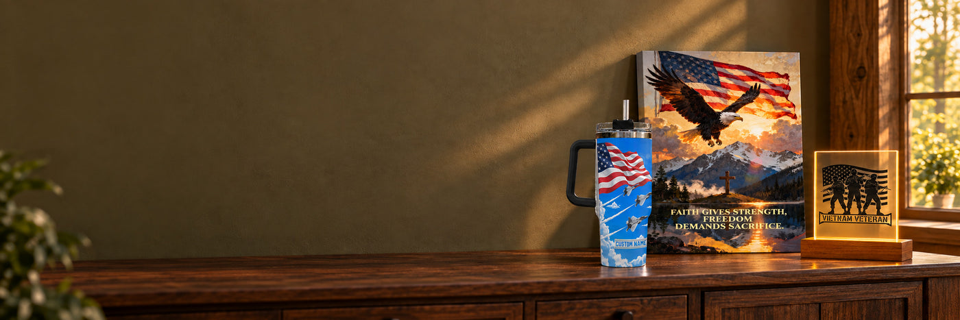An Air Force tumbler, military canvas and Vietnam Veteran night light on a walnut sideboard.